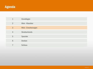 Agenda


    1    Grundlagen
1
    2    Wiwi - Klassiker

    3    Wiwi– Erweiterungen

    4    Strukturtrends

    5    Speziale

    6    Denken

    7    Schluss




                               Seite 21
 