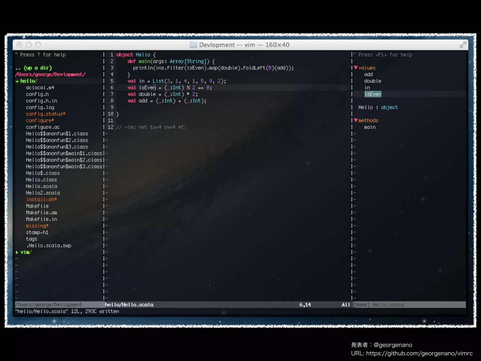 発表者：@georgenano
URL: https://github.com/georgenano/vimrc
 
