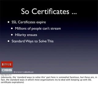 So Certiﬁcates ...
            •          SSL Certiﬁcates expire
                  •      Millions of people can’t stream
                  •      Hilarity ensues
            •          Standard Ways to Solve This




                        @royrapoport rsr@netﬂix.com
Friday, March 22, 13

(obviously, the ‘standard ways to solve this’ part here is somewhat facetious, but these are, in
fact, the standard ways in which most organizations try to deal with keeping up with SSL
certiﬁcate expirations)
 