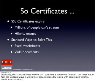 So Certiﬁcates ...
            •          SSL Certiﬁcates expire
                  •      Millions of people can’t stream
                  •      Hilarity ensues
            •          Standard Ways to Solve This
                  •      Excel worksheets
                  •      Wiki documents



                        @royrapoport rsr@netﬂix.com
Friday, March 22, 13

(obviously, the ‘standard ways to solve this’ part here is somewhat facetious, but these are, in
fact, the standard ways in which most organizations try to deal with keeping up with SSL
certiﬁcate expirations)
 