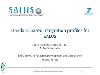 Standard-based integration profiles for
               SALUS
              Gokce B. Laleci Erturkmen, PhD
                    A. Anil Sinaci, MSc

   SRDC Software Research, Development and Consultancy
                     Ankara, Turkey



               2013 Joint Summits on Translational Science   1
 