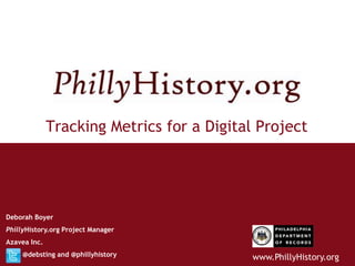 Tracking Metrics for a Digital Project




Deborah Boyer
PhillyHistory.org Project Manager
Azavea Inc.
     @debsting and @phillyhistory           www.PhillyHistory.org
 