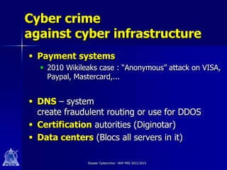 Cyber crime
against cyber infrastructure
 Payment systems
   2010 Wikileaks case : “Anonymous” attack on VISA,
    Paypal, Mastercard,...


 DNS – system
  create fraudulent routing or use for DDOS
 Certification autorities (Diginotar)
 Data centers (Blocs all servers in it)

               Dossier Cybercrime - NVP PNS 2012-2015
 