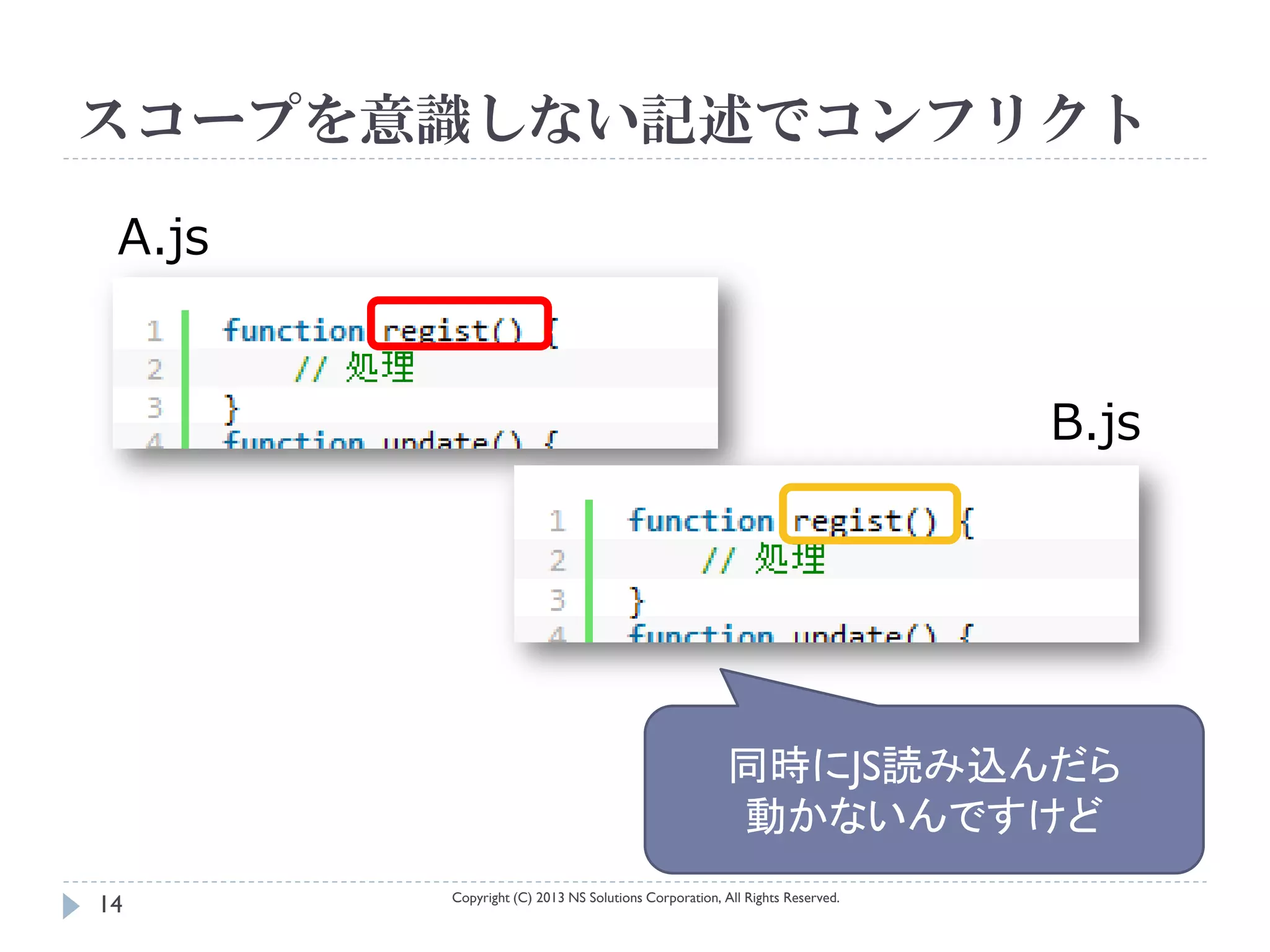 スコープを意識しない記述でコンフリクト

 A.js


                                                                            B.js




                                                      同時にJS読み込んだら
                                                      動かないんですけど
        Copyright (C) 2013 NS Solutions Corporation, All Rights Reserved.
14
 