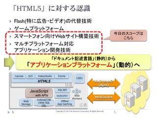 「HTML5」に対する認識
       Flash(特に広告・ビデオ)の代替技術
       ゲームプラットフォーム
                                                                                                           今日のスコープは
       スマートフォン向けWebサイト構築技術                                                                                   こちら
       マルチプラットフォーム対応
        アプリケーション開発技術
                                      「ドキュメント記述言語」（静的）から
                 「アプリケーションプラットフォーム」（動的）へ
        Canvas   iSVG    Video/Audio     Forms
                                                                  CSS3
                         HTML5                                                             XHR Level2
                                                   狭義                                        (Ajax)
                                         File API
                  JavaScript
                        with APIs      Geolocation           Web
                                                            Workers                        WebSocket
                         Indexed DB
             Web                           Offline
                          (Web SQL
            Storage
                             DB)
                                         App Caching
                                                                      広義
                                       Copyright (C) 2013 NS Solutions Corporation, All Rights Reserved.
    5                                                                                                      5
 