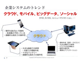 企業システムのトレンド
クラウド、モバイル、ビッグデータ、ソーシャル
                                          BYOD、BI/DSS、コンシューマライゼーション、・・・




・場所を選ばない可搬性
 - 肌身離さず持っている
・直観的な指先での操作性
                          クラウド
                                                                                    ・資料作成（図形・テキスト）
                                                                                    ・大きな画面での参照
                                                                                    ・パワフルな計算能力
          ・大きな画面での参照                                                                ・緻密な操作性
           - 対面での情報共有                                                               ・豊富なアプリケーション
          ・十分なバッテリー
          ・直観的な指先での操作性
                Copyright (C) 2013 NS Solutions Corporation, All Rights Reserved.
 7
 