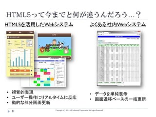 HTML5って今までと何が違うんだろう…？
HTML5を活用したWebシステム                                         よくある社内Webシステム




• 視覚的表現                                                   • データを単純表示
• ユーザー操作にリアルタイムに反応                                        • 画面遷移ベースの一括更新
• 動的な部分画面更新
            Copyright (C) 2013 NS Solutions Corporation, All Rights Reserved.
 8
 