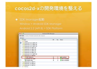 cocos2d-­‐xの開発環境を整える	
 
•  SDK	
  Manager起動	
  
   Window	
  >	
  Android	
  SDK	
  Manager	
  
   Android	
  2.2	
  (API	
  8)	
  >	
  SDK	
  Pladorm	
  
 