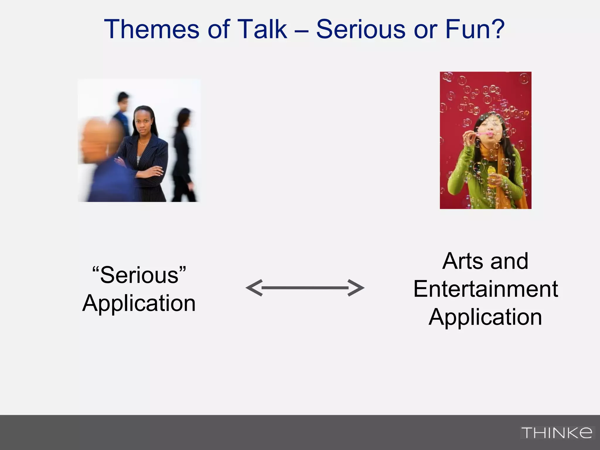 Themes of Talk – Serious or Fun?
Arts and
Entertainment
Application
“Serious”
Application
 