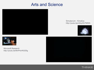 Arts and Science
Simulacrum - Kimatica
http://youtu.be/n0dyXfzTMWA
Microsoft Research
http://youtu.be/MvP4cHfUD5g
 