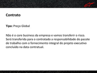Contrato

Tipo: Preço Global

Não é o core business da empresa e vamos transferir o risco.
Será transferida para o contratado a responsabilidade do pacote
de trabalho com o fornecimento integral do projeto executivo
concluído na data contratual.
 