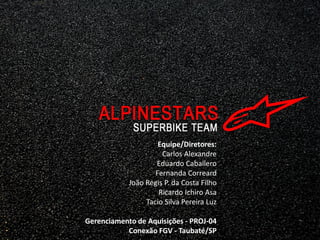 Equipe/Diretores:
                      Carlos Alexandre
                    Eduardo Caballero
                    Fernanda Correard
            João Regis P. da Costa Filho
                     Ricardo Ichiro Asa
                 Tacio Silva Pereira Luz

Gerenciamento de Aquisições - PROJ-04
           Conexão FGV - Taubaté/SP
 