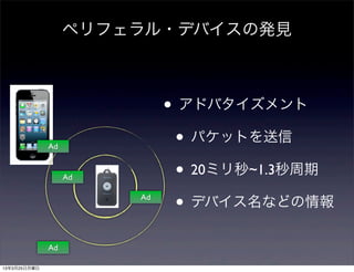 ペリフェラル・デバイスの発見



                             • アドバタイズメント
              Ad              • パケットを送信
                   Ad         • 20ミリ秒~1.3秒周期
                        Ad
                              • デバイス名などの情報
              Ad

13年3月25日月曜日
 