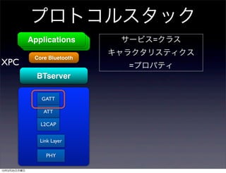 プロトコルスタック
              Applications
              Applications       サービス=クラス
               Applications
                                キャラクタリスティクス
               Core Bluetooth
XPC                               =プロパティ
                BTserver

                 GATT

                  ATT

                 L2CAP


                 Link Layer

                   PHY

13年3月25日月曜日
 
