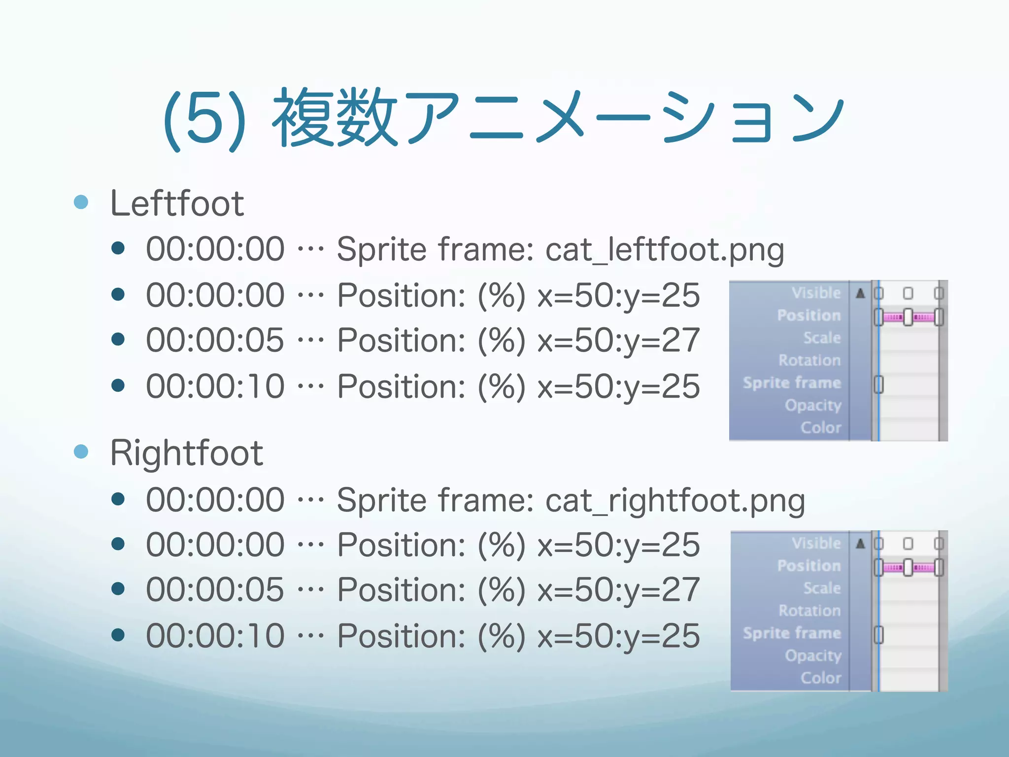 (5) 複数アニメーション
—  Leftfoot
  —    00:00:00   …   Sprite frame: cat_leftfoot.png
  —    00:00:00   …   Position: (%) x=50:y=25
  —    00:00:05   …   Position: (%) x=50:y=27
  —    00:00:10   …   Position: (%) x=50:y=25

—  Rightfoot
  —    00:00:00   …   Sprite frame: cat_rightfoot.png
  —    00:00:00   …   Position: (%) x=50:y=25
  —    00:00:05   …   Position: (%) x=50:y=27
  —    00:00:10   …   Position: (%) x=50:y=25
 