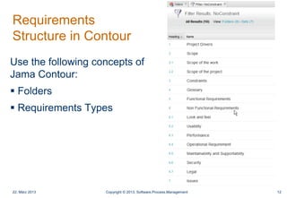 Requirements
Structure in Contour
Use the following concepts of
Jama Contour:
 Folders
 Requirements Types
22. März 2013...