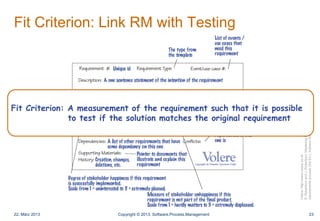 Volere:http://www.volere.co.uk
S.RobertsonandJ.Robertson:Masteringthe
requirementsprocess(3rdEd.),Addison-Wesley,2012.
Fit...