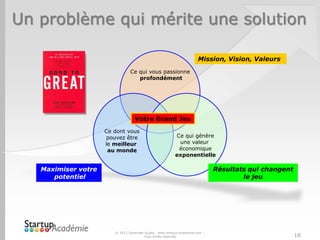 Un problème qui mérite une solution

                                                                      Mission, Vision, Valeurs
                                Ce qui vous passionne
                                   profondément




                                  Votre Grand Jeu
                     Ce dont vous
                     pouvez être                         Ce qui génère
                     le meilleur                          une valeur
                      au monde                            économique
                                                         exponentielle

   Maximiser votre                                                           Résultats qui changent
      potentiel                                                                      le jeu




                        © 2012 Davender Gupta - www.startup-academie.com –
                                       Tous droits réservés                                           16
 