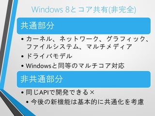Windows 8とコア共有(非完全)

共通部分
• カーネル、ネットワーク、グラフィック、
  ファイルシステム、マルチメディア
• ドライバモデル
• Windowsと同等のマルチコア対応

非共通部分
• 同じAPIで開発できる×
  • 今後の新機能は基本的に共通化を考慮
 
