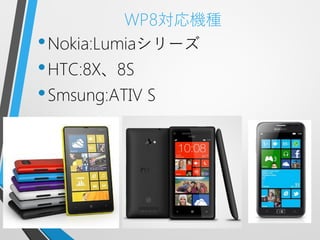 WP8対応機種
• Nokia:Lumiaシリーズ
• HTC:8X、8S
• Smsung:ATIV S
 