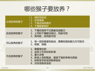 哪些猴子要放养？
必须放养的猴子
1、授权风险低
2、经常重复
3、下属会做得更好
4、下属能够做好
应该放养的猴子
1、下属在指导下已具备完成能力
2、上司和下属都没做过，风险可控
3、有风险，但风险可控
可以放养的猴子
1、有一定的难度和挑战，需要较高的能力方可胜任
2、探索、探路
不应放养的猴子
1、需要身份的
2、设定工作目标和标准
3、重大决策
4、新进人员的甄选，直接下级的考核与奖励
5、财务签字权或采购审批权
6、涉及信息安全的
2013/4/16 深圳才聚轻聚会16
 