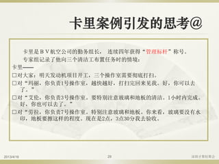 卡里案例引发的思考@
卡里是ＢＶ航空公司的勤务组长， 连续四年获得“管理标杆”称号。
专家组记录了他向三个清洁工布置任务时的情境：
卡里——
□对大家：明天发动机项目开工，三个操作室需要彻底打扫。
□对“玛丽，你负责1号操作室，越快越好，打扫完回来见我。好，你可以去
了。”
□对“艾伦，你负责3号操作室。要特别注意玻璃和地板的清洁。1小时内完成。
好，你也可以去了。”
□对“劳拉，你负责7号操作室。特别注意玻璃和地板。你来看，玻璃要没有水
印，地板要擦这样的程度。现在是2点，3点30分我去验收。
2013/4/16 深圳才聚轻聚会29
 