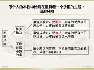 每个人的本性中始终在重复着一个永恒的主题：
回避风险
推责
抢功回
避
风
险
事情成功时，要抢功，参谋的说自己的
建议好，办事的说自己水平高
事情失败时，要推责，参谋的说办事的
没水平，办事的说参谋瞎出招
不做
自己
不熟
的事
缺少跨区间管理，不能锻炼出真正的领
导，只能出部门经理
2013/4/16 深圳才聚轻聚会9
 
