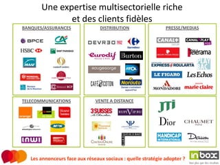 Une expertise multisectorielle riche
              et des clients fidèles
BANQUES/ASSURANCES               DISTRIBUTION                 PRESSE/MEDIAS




TELECOMMUNICATIONS             VENTE A DISTANCE




   Les annonceurs face aux réseaux sociaux : quelle stratégie adopter ?
 