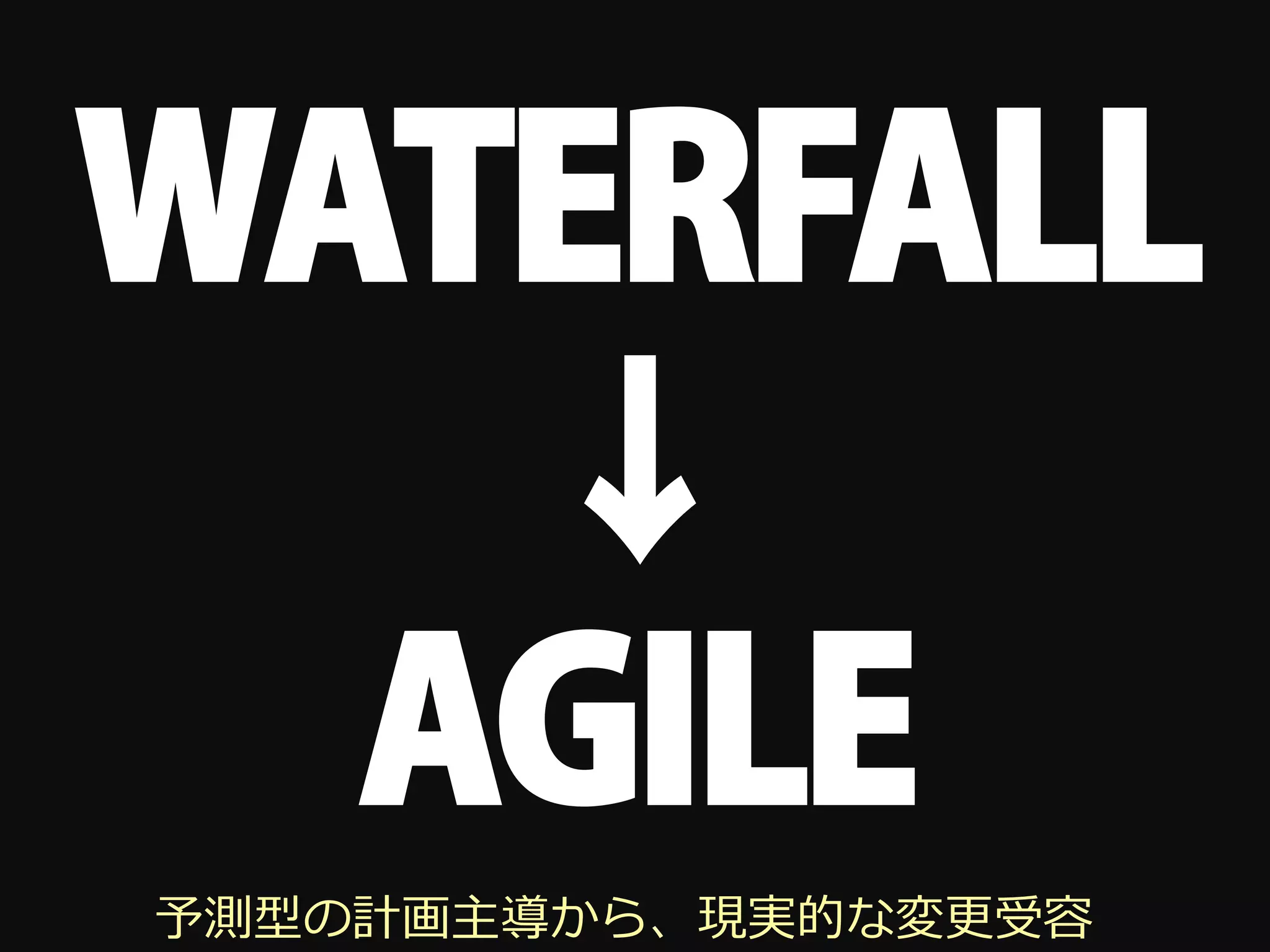 WATERFALL
   ↓
  AGILE
予測型の計画主導から、現実的な変更受容
 