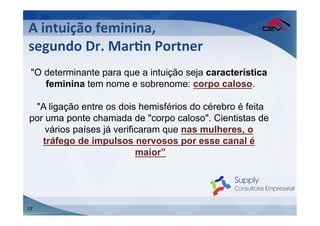 A	
  intuição	
  feminina,	
  	
  
segundo	
  Dr.	
  MarFn	
  Portner	
  
 "O determinante para que a intuição seja característica
    feminina tem nome e sobrenome: corpo caloso.

 "A ligação entre os dois hemisférios do cérebro é feita
por uma ponte chamada de "corpo caloso". Cientistas de
    vários países já verificaram que nas mulheres, o
   tráfego de impulsos nervosos por esse canal é
                           maior”




17
 