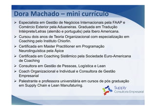 Dora	
  Machado	
  –	
  mini	
  currículo	
  
Ø  Especialista em Gestão de Negócios Internacionais pela FAAP e
    Comércio Exterior pela Aduaneiras. Graduada em Tradução
    Intérprete/Letras (alemão e português) pela Ibero Americana.
Ø  Cursou dois anos de Teoria Organizacional com especialização em
    Coaching pelo Instituto Chiorlin.
Ø  Certificada em Master Practitioner em Programação
    Neurolinguística pela Ápice
Ø  Certificada em Coaching Sistêmico pela Sociedade Euro-Americana
    de Coaching
Ø  Consultora em Gestão de Pessoas, Logística e Lean
Ø  Coach Organizacional e Individual e Consultora de Gestão
    Empresarial
Ø  Palestrante e professora universitária em cursos de pós graduação
    em Supply Chain e Lean Manufaturing.
 