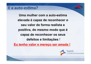 E	
  a	
  auto-­‐esFma?	
  
	
          Uma mulher com a auto-estima
       elevada é capaz de reconhecer o
         seu valor de forma realista e
       positiva, do mesmo modo que é
         capaz de reconhecer os seus
             defeitos e limitações !
     Eu tenho valor e mereço ser amada !



21
 