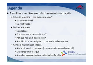 Agenda	
  
Ø A	
  mulher	
  e	
  os	
  diversos	
  relacionamentos	
  e	
  papéis	
  
     Ø Intuição	
  feminina	
  –	
  isso	
  existe	
  mesmo?	
  
          Ø E	
  a	
  auto-­‐esGma?	
  
          Ø E	
  a	
  moGvação?	
  
     Ø Mulher	
  x	
  Homem	
  
          Ø EstaIsGcas	
  
          Ø Precisa	
  mesmo	
  dessa	
  disputa?	
  
          Ø Por	
  que	
  não	
  unir	
  os	
  esforços?	
  
          Ø A	
  união	
  faz	
  a	
  estratégia	
  e	
  o	
  crescimento	
  da	
  empresa	
  
     Ø Aonde	
  a	
  mulher	
  quer	
  chegar?	
  
          Ø Ainda	
  há	
  salários	
  menores	
  (isso	
  depende	
  só	
  dos	
  homens?)	
  
          Ø Mulheres	
  em	
  destaque	
  
          Ø A	
  mulher	
  como	
  estrutura	
  principal	
  da	
  família	
  
 3
 