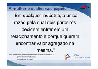 A	
  mulher	
  e	
  os	
  diversos	
  papéis	
  
     “Em qualquer indústria, a única
      razão pela qual dois parceiros
          decidem entrar em um
    relacionamento é porque querem
       encontrar valor agregado na
                 mesma.”
(Mary Yoko Brannen, Professora de Estratégia e Gestão no INSEAD e a
             principal oradora no Europeu
            Sub-consultivo em Paris)


4
 