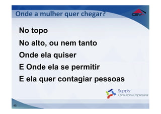 Onde	
  a	
  mulher	
  quer	
  chegar?	
  
 	
  
 	
   No topo
      No alto, ou nem tanto
     Onde ela quiser
     E Onde ela se permitir
     E ela quer contagiar pessoas


45
 