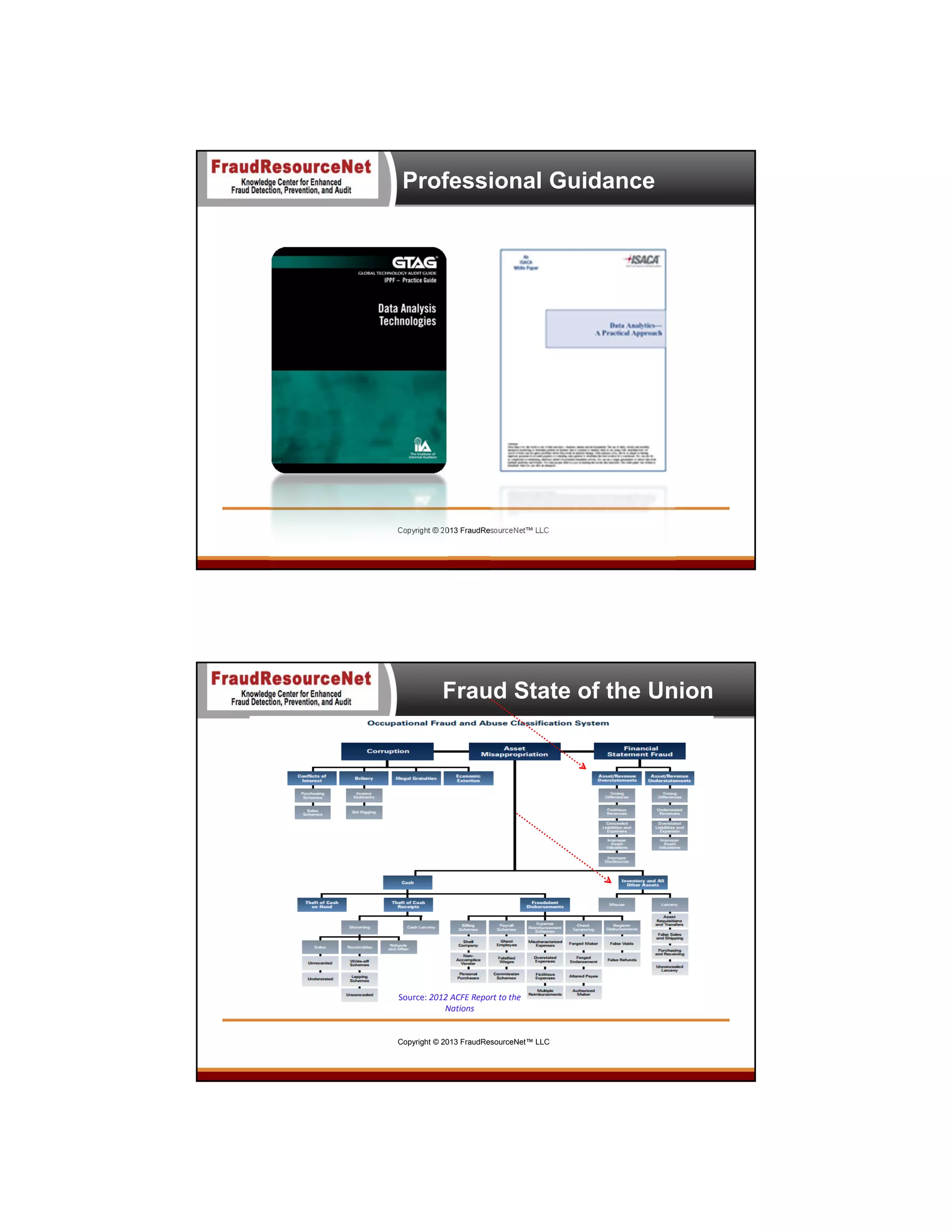 Professional Guidance

Copyright © 2013 FraudResourceNet™ LLC

Fraud State of the Union

Source: 2012 ACFE Report to the 
Nations

Copyright © 2013 FraudResourceNet™ LLC

 