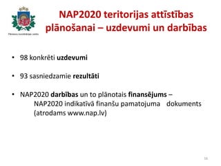 NAP2020 teritorijas attīstības
plānošanai – uzdevumi un darbības
16
• 98 konkrēti uzdevumi
• 93 sasniedzamie rezultāti
• N...
