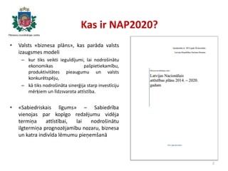 Kas ir NAP2020?
• Valsts «biznesa plāns», kas parāda valsts
izaugsmes modeli
– kur tiks veikti ieguldījumi, lai nodrošināt...