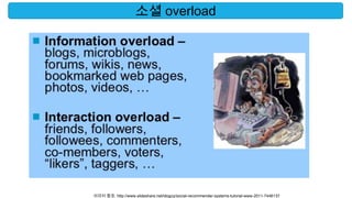 소셜 overload




이미지 참조: http://www.slideshare.net/idoguy/social-recommender-systems-tutorial-www-2011-7446137
 