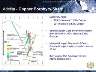 Adelita - Copper Porphyry/Skarn
                       •   Discovery holes:
                            – 105.2 metres of 1.03% Copper
                            – 201 metres of 0.52% Copper

                       •   Strong Copper-Gold-Silver minerlization
                           from surface to 300m depth at Cerro
                           Grande

                       •   Mezquital target, 2km west of Cerro
                           Grande is large porphryry system across
                           15 km

                       •   8km west of Pan American Silver’s
                           Alamo Dorado mine


16
 