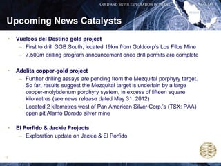 Upcoming News Catalysts
 •   Vuelcos del Destino gold project
      – First to drill GGB South, located 19km from Goldcorp’s Los Filos Mine
      – 7,500m drilling program announcement once drill permits are complete

 •   Adelita copper-gold project
      – Further drilling assays are pending from the Mezquital porphyry target.
        So far, results suggest the Mezquital target is underlain by a large
        copper-molybdenum porphyry system, in excess of fifteen square
        kilometres (see news release dated May 31, 2012)
      – Located 2 kilometres west of Pan American Silver Corp.’s (TSX: PAA)
        open pit Alamo Dorado silver mine

 •   El Porfido & Jackie Projects
      – Exploration update on Jackie & El Porfido


18
 