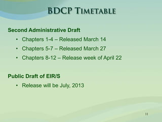 11
Second Administrative Draft
• Chapters 1-4 – Released March 14
• Chapters 5-7 – Released March 27
• Chapters 8-12 – Release week of April 22
Public Draft of EIR/S
• Release will be July, 2013
 