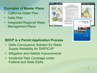 2
Examples of Master Plans
• California Water Plan
• Delta Plan
• Integrated Regional Water
Management Plans
BDCP is a Permit Application Process
• Delta Conveyance Solution for Water
Supply Reliability for SWP/CVP
• Mitigation and Habitat Improvements
• Incidental Take Coverage under
Federal and State ESAs
 