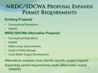 5
Existing Proposal
• Conveyance/Operations
• Habitat
NRDC/SDCWA Alternative Proposal
• Conveyance/Operations
• Habitat
• Delta Levee improvements
• South of Delta Storage
• Local Water Supply Development
Alternatives analysis must identify specific project impacts
Expanding permit requirements could affect water supply
reliability
 