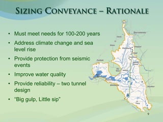9
• Must meet needs for 100-200 years
• Address climate change and sea
level rise
• Provide protection from seismic
events
• Improve water quality
• Provide reliability – two tunnel
design
• “Big gulp, Little sip”
 