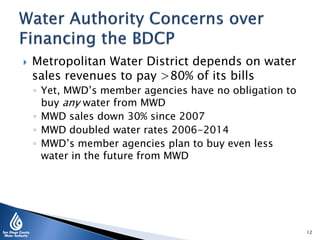 Metropolitan Water District depends on water
sales revenues to pay >80% of its bills
◦ Yet, MWD’s member agencies have no obligation to
buy any water from MWD
◦ MWD sales down 30% since 2007
◦ MWD doubled water rates 2006-2014
◦ MWD’s member agencies plan to buy even less
water in the future from MWD
12
 