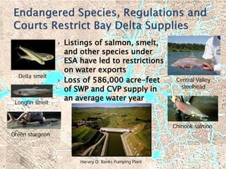  Listings of salmon, smelt,
and other species under
ESA have led to restrictions
on water exports
 Loss of 586,000 acre-feet
of SWP and CVP supply in
an average water year
5
Delta smelt
Longfin smelt
Green sturgeon
Chinook salmon
Central Valley
steelhead
Harvey O. Banks Pumping Plant
 