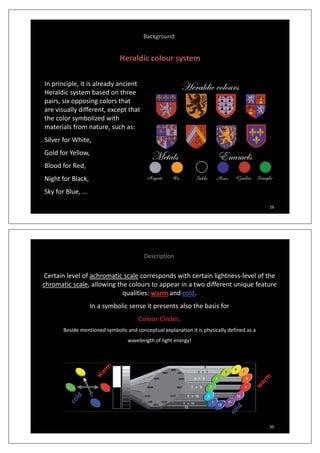 Background
Heraldic colour system
In principle, it is already ancient
Heraldic system based on threeHeraldic system based on three
pairs, six opposing colors that
are visually different, except that
th l b li d iththe color symbolized with
materials from nature, such as:
Silver for WhiteSilver for White,
Gold for Yellow,
Blood for RedBlood for Red,
Night for Black,
Sk f Bl
29
Sky for Blue, ...
Description
Certain level of achromatic scale corresponds with certain lightnessͲlevel of the
chromatic scale, allowing the colours to appear in a two different unique featureg pp q
qualities: warm and cold.
In a symbolic sense it presents also the basis for
Colour Circles.
Beside mentioned symbolic and conceptual explanation it is physically defined as a
wavelength of light energy!
30
 