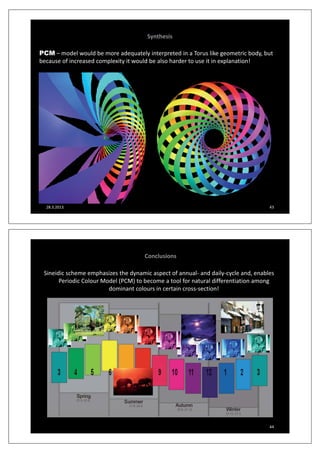 Synthesis
PCM – model would be more adequately interpreted in a Torus like geometric body, but
because of increased complexity it would be also harder to use it in explanation!
28.3.2013 43
Conclusions
Sineidic scheme emphasizes the dynamic aspect of annualͲ and dailyͲcycle and, enables
Periodic Colour Model (PCM) to become a tool for natural differentiation among
dominant colours in certain cross section!dominant colours in certain crossͲsection!
44
 