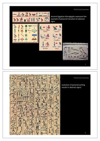 Historical oveview
Ancient Egyptian Hieroglyphs represent the
example of pictorial transition to abstract
signssigns.
7
Historical oveview
evolution of pictorial writing
results in abstract signs!
8
 